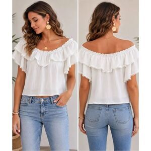 Etiquette White Off Shoulder Cotton Ruffle Blouse Peasant Boho Top Size M
